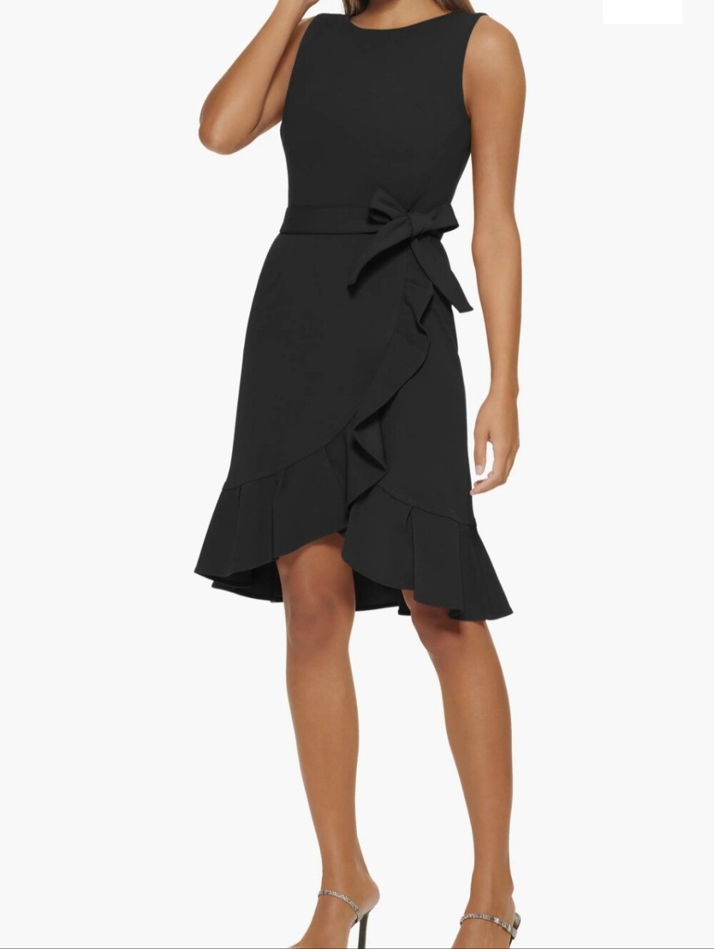 Calvin Klein Black Sleeveless Midi Dress with Waist Tie and Ruffled Hem Accent